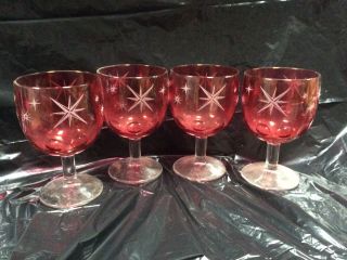 4 Vtg Mid Century Bartlett Collins Atomic Starburst Cranberry Glass Goblets Bar