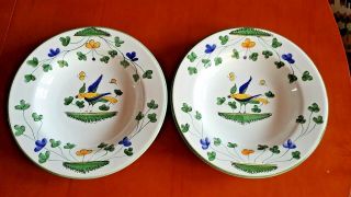 Pair Soup Pasta Plates Italy Hand Painted Bird & Flowers Green Blue Yellow