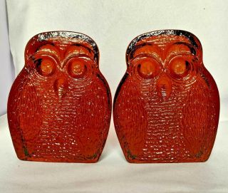 Vtg 1960s Blenko Amber / Root Beer Color Glass Owl Heavy Bookends Mcm Joel Myers