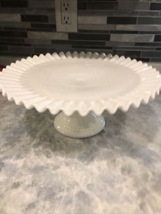 Vintage 13 " Fenton Milk Glass Ruffled Footed Pedestal Cake Plate Stand