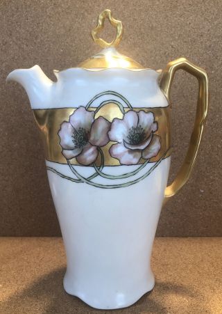 Vintage Chocolate Coffee Pot Hand Painted Floral W/ Gold 1912