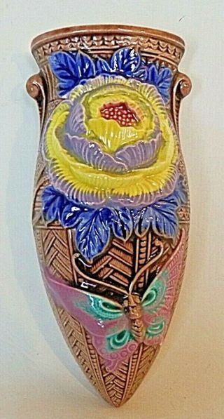 Vintage Glazed Wall Pocket Vase Hand Painted Japan Cabbage Flower Butterfly 7.  5 "