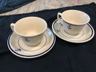 Two U.  S.  Navy Fouled Anchor Homer Laughlin Coffee/tea Cups And Saucers
