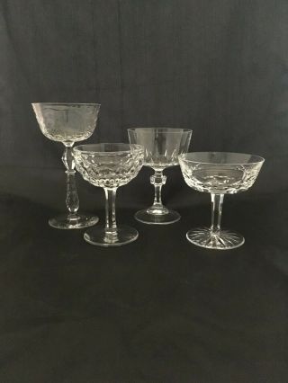 Set Of 4 Vintage Mismatched Etched Cut Crystal Cocktail Coupe Champagne Glasses