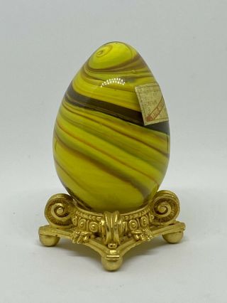 Vtg Authentic Venetian Murano Italy Blown Art Glass Egg Yellow Swirl Handmade