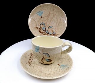 Red Wing Bob White Birds Turquoise & Brown Flecked 6 5/8 " Cup & Saucer Trio