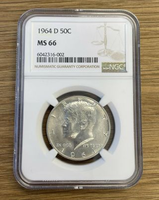 1964 - D Silver Kennedy Half Dollar Ngc Ms66
