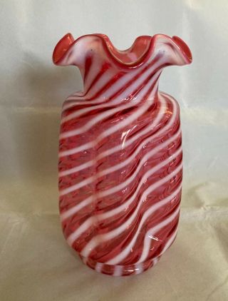 Vintage Fenton Cranberry Opalescent Spiral Optic Crimped Top Pinch Vase 8 "