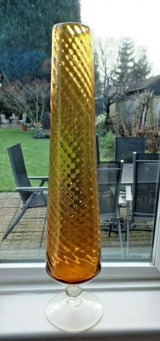Large Vintage Retro Empoli Glass Italy Amber & Clear Footed Vase 50 Cm Mcm