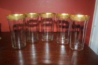 Set Of 5 Vintage Tiffin Rambler Rose Pattern Gold Rimmed 12 Oz.  Tumblers 5 3/8 "
