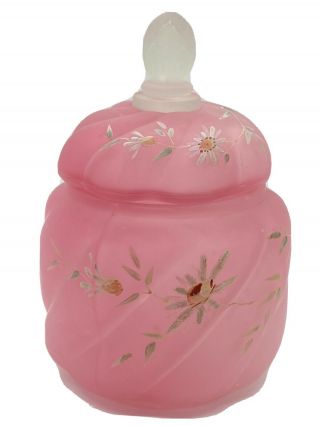 6.  25” Satin Pink Depression Glass Biscuit Dresser Jar With Frosted Finial Lid