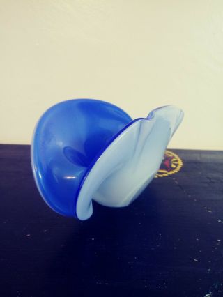 Vintage Murano Glass Blue & White Clam Shell Bowl Handblown