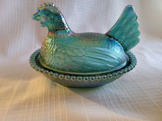 Vintage Blue Iridescent Carnival Glass Chicken Hen On Nest - Indiana Glass w/box 2