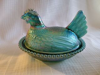 Vintage Blue Iridescent Carnival Glass Chicken Hen On Nest - Indiana Glass w/box 3