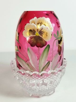 Fenton Hand Painted Pansies On Cranberry 2 - Piece Fairy Light - C.  Griffiths