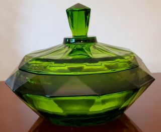 Vintage Viking Glass Green Diamond Point Candy Dish With Lid