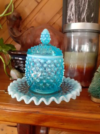 Fenton Blue Opalescent Hobnail Condiment Jar With Lid,  Under Plate.  A,