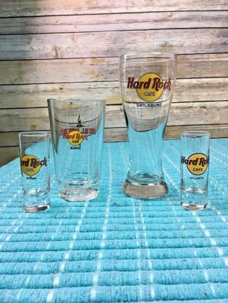 Hard Rock Cafe Set Of 4 Glasses,  Gatlinburg,  Memphis,  Toronto & Atlanta Euc