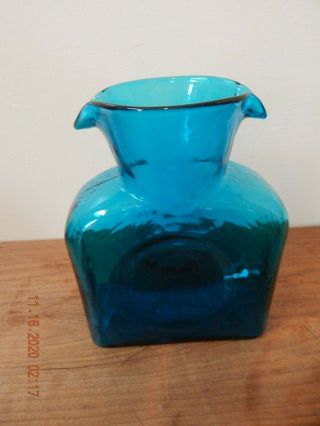 Vintage Blenko Glass Peacock Blue Double Spout Water Pitcher Carafe