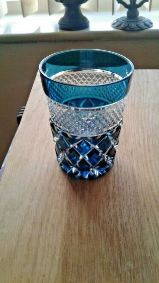 Bohemian Czech Turquoise Cut To Clear Whisky Glass Diamond Shape Pattern Vgc
