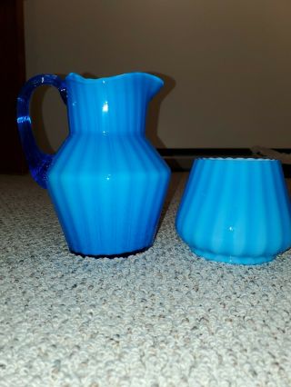 Fenton Colonial Blue Overlay Striped Rib Optic Pitcher And Bowl