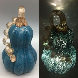 Blown Art Glass Blue Tall Gourd Pumpkin Led Lighted Curly Stem Fall Decor 9 "