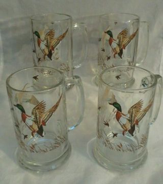 Vintage Libbey Glass Duck Mallard Tankard Mugs - Set Of 4 Euc