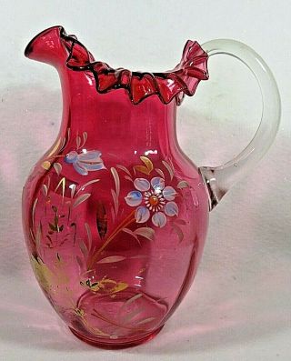 Victorian Cranberry Glass Hand Painted Enamel Water Pitcher Hand Blown