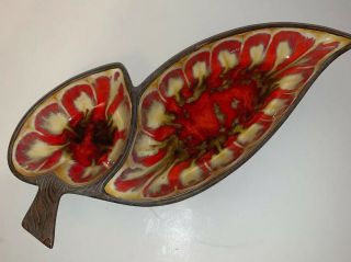 Vintage Mcm Treasure Craft 375 Divided Dish Tray Red Cream Woodgrain Bottom 15”