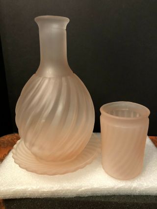 Vintage Pink Satin Glass Swirl Bedside Water Carafe Set Tumble Up W/ Underplate