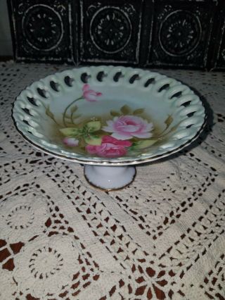 Lefton China Hand Painted Pedestal Tid Bit Candy Green Roses Cutout Dish Plate