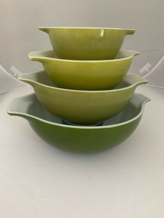 Set Of Four Vintage Pyrex Olive Green Ovenware Bowls