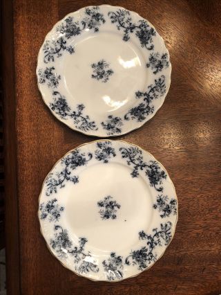 2 Antique Transferware Flow Blue English Porcelain 8 In Plates Floral Pattern