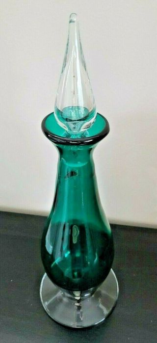 Vintage Blenko Handcraft Green Glass Decanter W/ Tear Drop Stopper 15” Tall