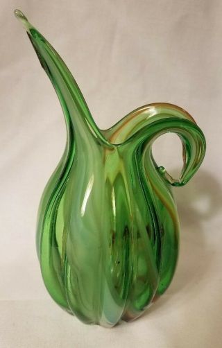 Vintage Fratelli Toso Fluted Art Glass Green Vase Pitcher
