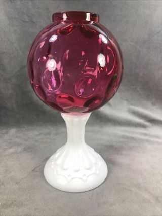 Fenton Ivy Ball Vase Cranberry Glass With Milk Glass Base Vintage