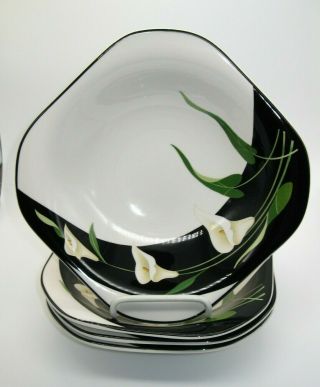 4 Sango Quadrille Black Lilies Coupe Soup Cereal Bowls 5101 Korea 7 1/2 "