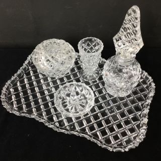 Vintage Diamond Cut Crystal Dressing Table Set Inc Art Deco Perfume Bottle 327
