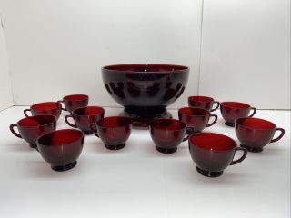 Vintage Royal Ruby Anchor Hocking Punch Bowl,  Stand,  And 12 Cups