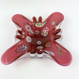 Vintage Murano Art Glass Red Hand Blown Millefiori Glass Ashtray Candy Dish 8”