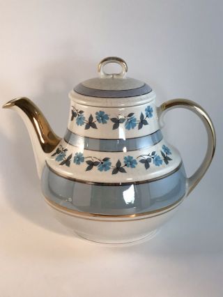 Gibsons Staffordshire England Teapot Blue Flowers & Lusterware Stripes Gilded 3