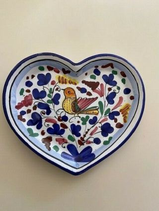 Hand Painted 6” Heart Shaped Trinket Dish W/bird Flowers Sevilla Made In Italy E