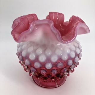 Vintage Fenton Cranberry Pink Opalescent White Milk Glass Hobnail Ruffled Vase