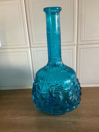 Vintage Empoli Genie Bottle.  Blue Glass Signs Of The Zodiac.  Retro Decanter 70s