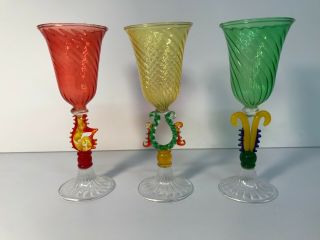 Set Of 3 Vintage Hand Blown Venetian Murano Italy Art Glass Goblets 6 "