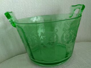 Elegant Depression Glass Handled Ice Bucket,  Green,  Etched,  6 X 4 Inch