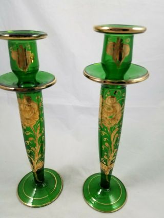 2 Vintage Emerald Green Candlesticks Bohemian Glass W/ Gold Gilt Accents 11 1/2 "
