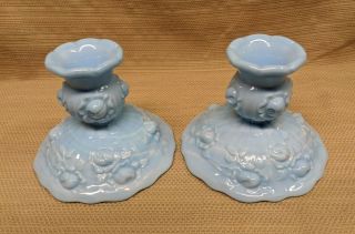 Vintage Set (2) Fenton Blue Marble Slag Glass Cabbage Rose Candle Holder