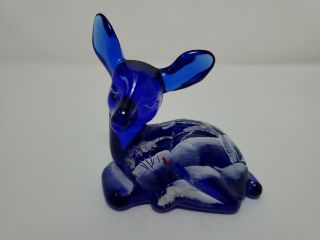 Vtg Fenton Art Glass Deer Cobalt Blue Hand Painted Signed Fredrick Winter Scene