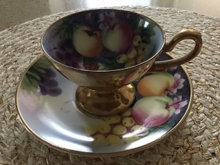 Kyokuto China Pedestal Cup/saucer Hand Painted Fruit W/gold Occupied Japan